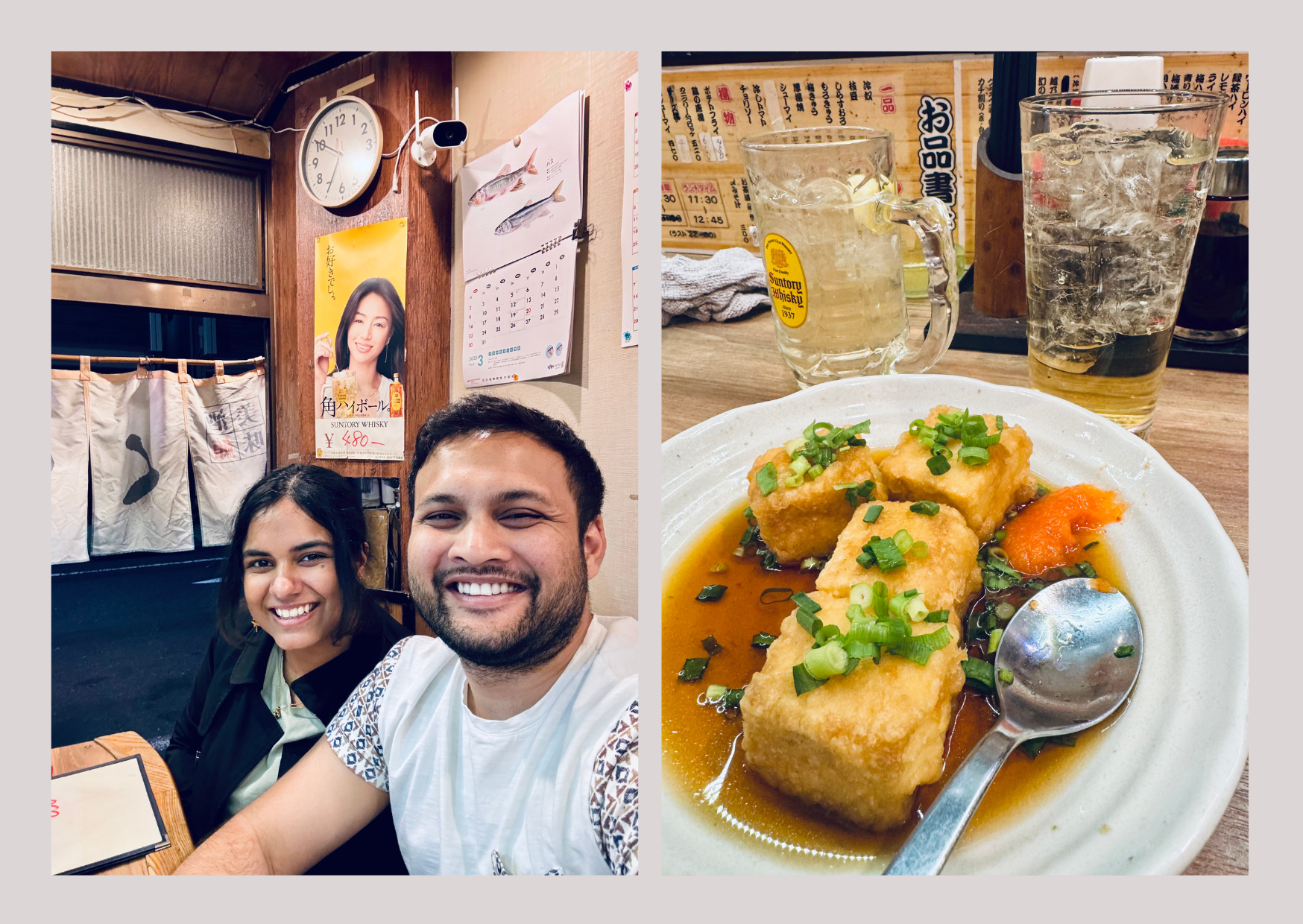 A couple smiling in a tiny Tokyo izakaya, next to a plate of agedashi tofu and whisky highballs